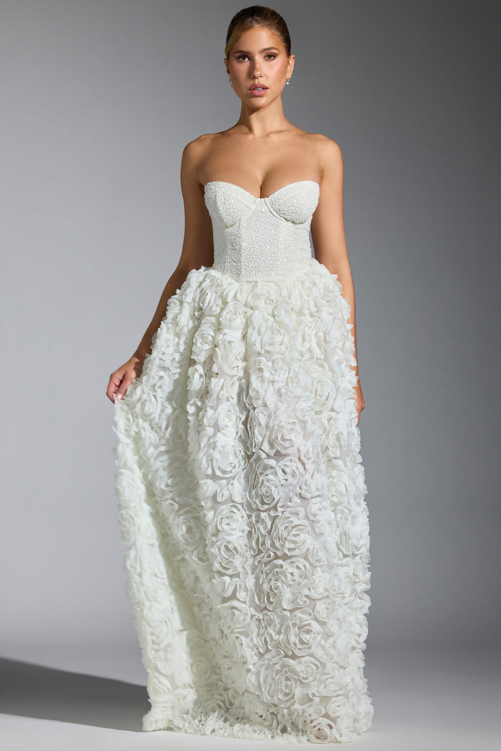 Chic Embellished Floral-Appliqué Corset Gown in White