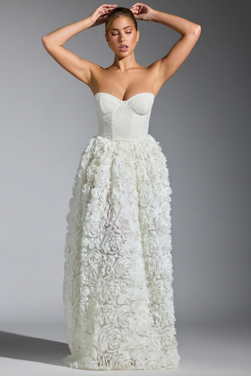 Chic Embellished Floral-Appliqué Corset Gown in White