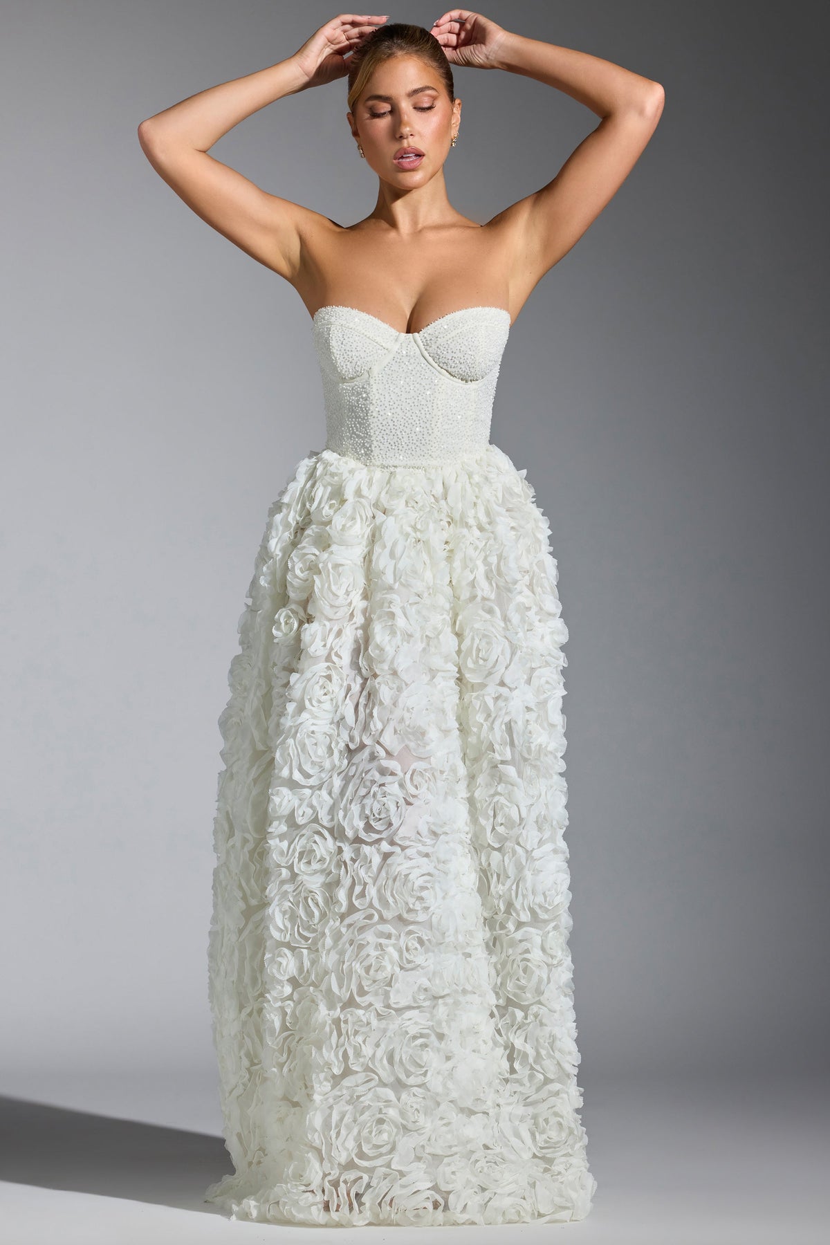 Chic Embellished Floral-Appliqué Corset Gown in White