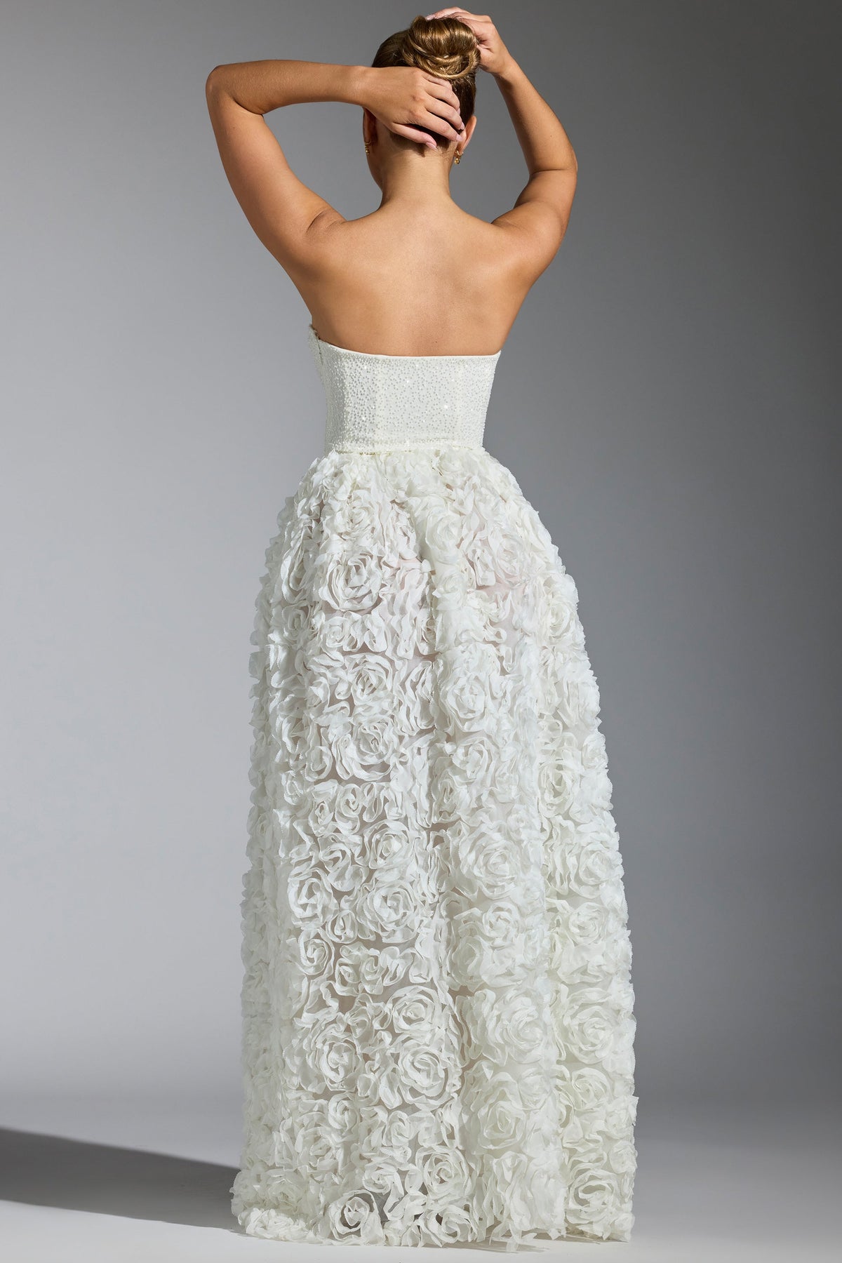 Chic Embellished Floral-Appliqué Corset Gown in White