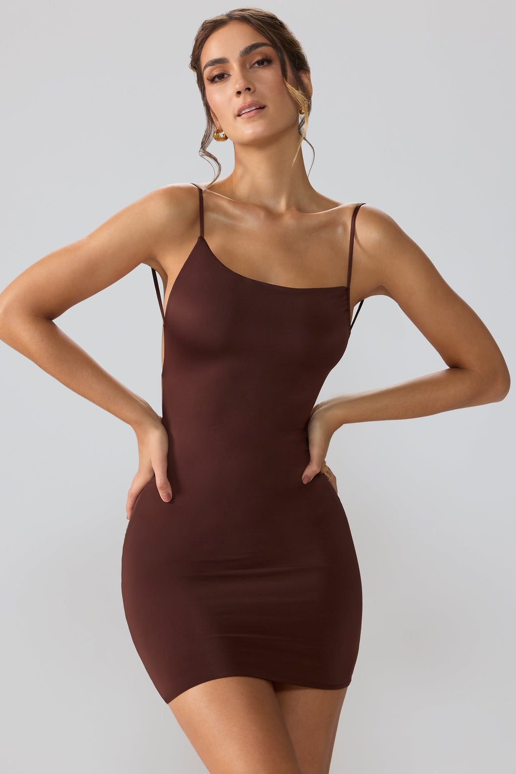 Chic Slinky Jersey Open Back Mini Dress in Espresso