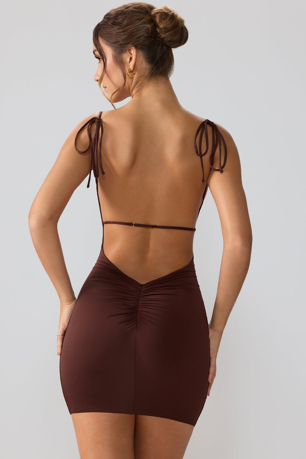 Chic Slinky Jersey Open Back Mini Dress in Espresso