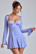 Chic Long Sleeve Godet Mini Dress in Blue Lavender