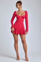 Chic Long Sleeve Godet Mini Dress in Cherry Red