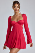 Chic Long Sleeve Godet Mini Dress in Cherry Red
