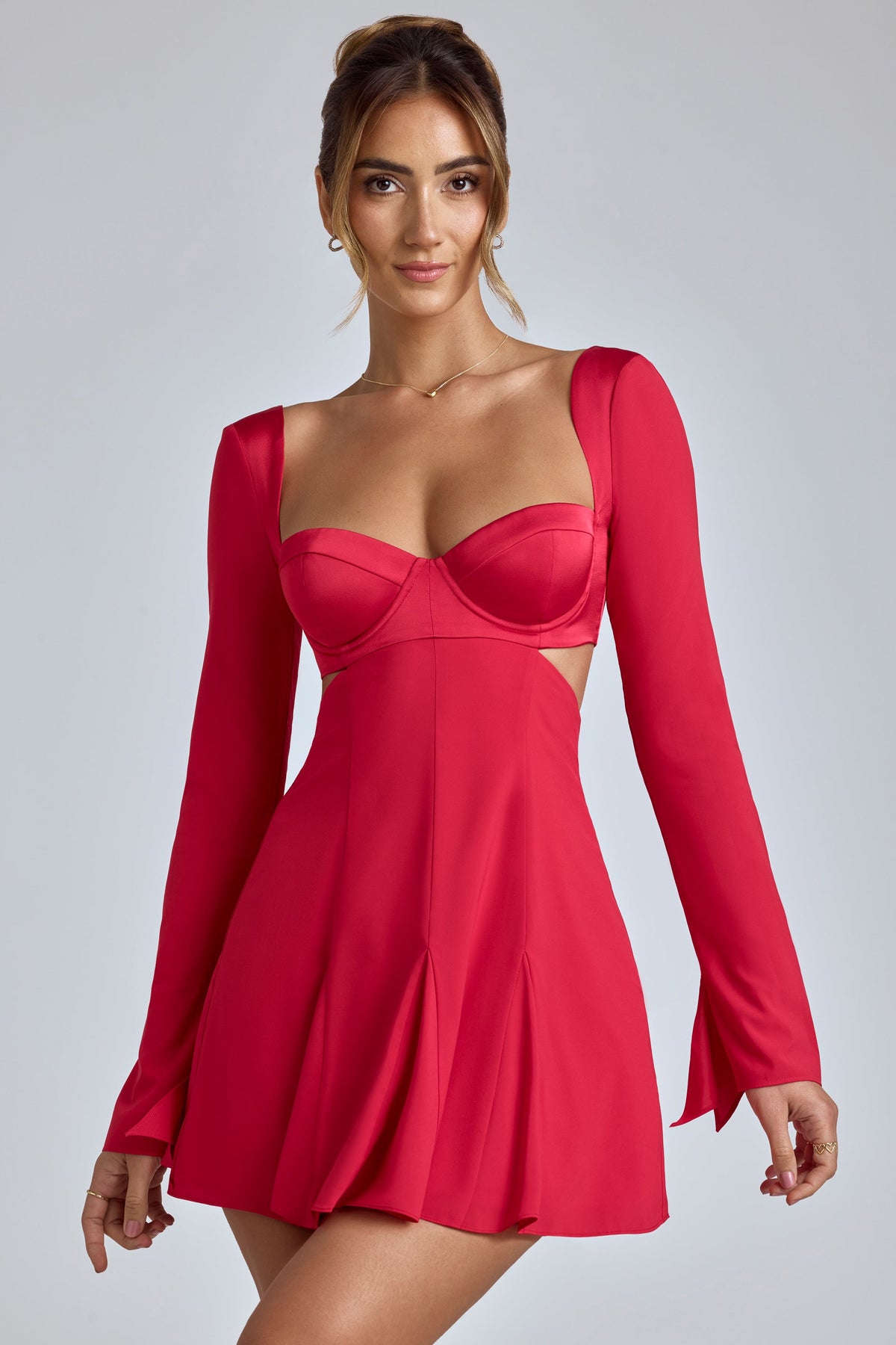 Chic Long Sleeve Godet Mini Dress in Cherry Red