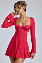 Chic Long Sleeve Godet Mini Dress in Cherry Red