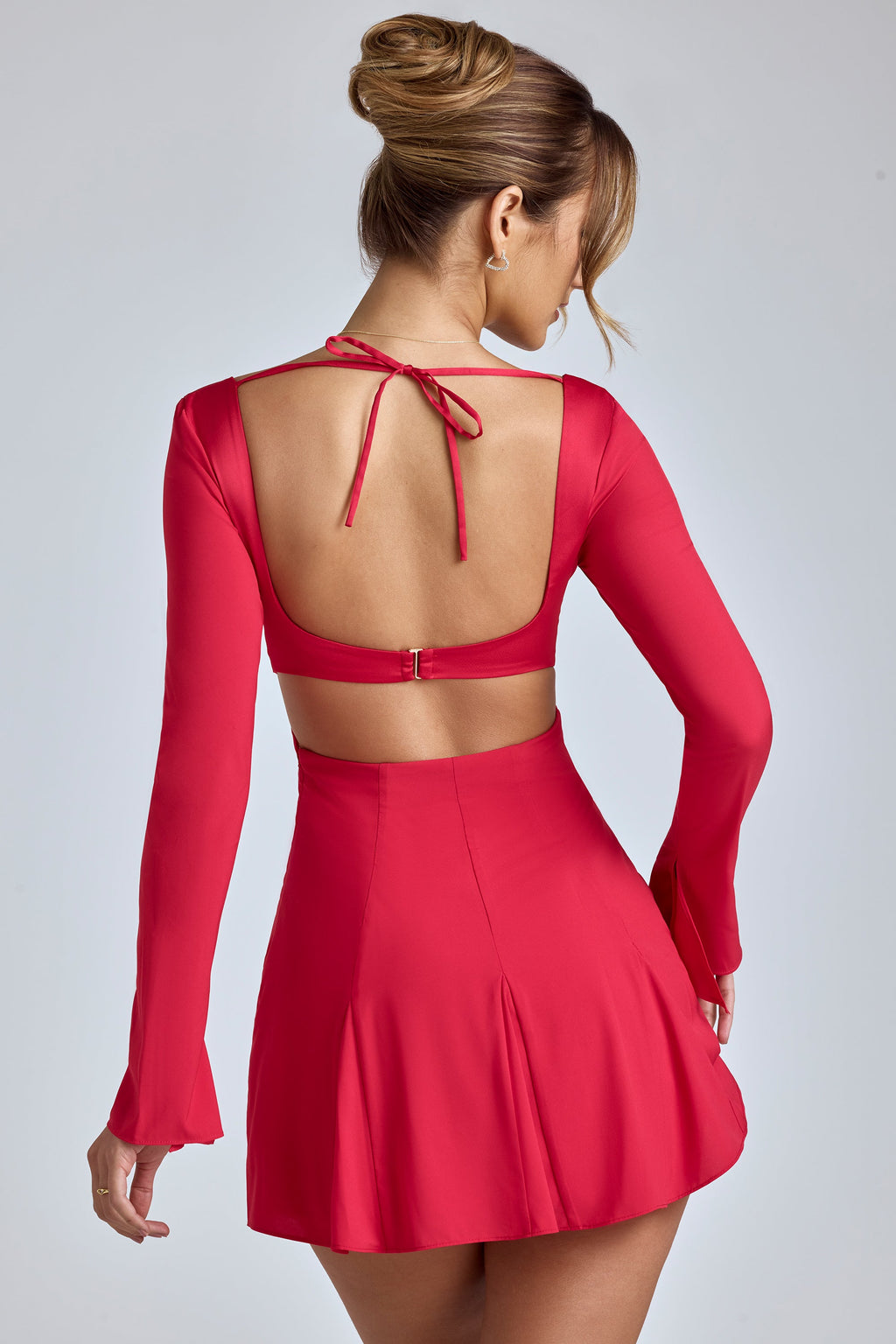 Chic Long Sleeve Godet Mini Dress in Cherry Red