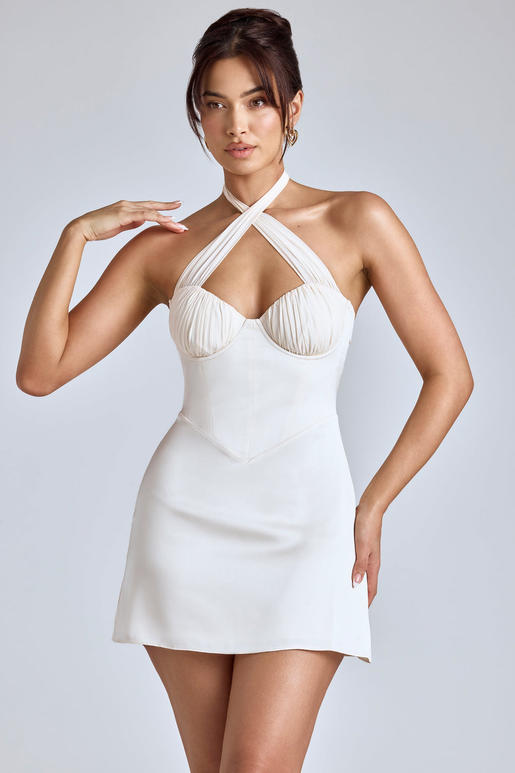 Chic Cross-Neck A-Line Mini Dress in Ivory