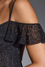 Chic Embellished Cold Shoulder Mini Dress in Black