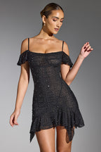 Chic Embellished Cold Shoulder Mini Dress in Black