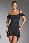 Chic Embellished Cold Shoulder Mini Dress in Black