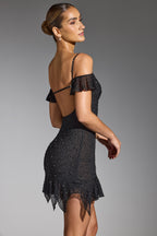 Chic Embellished Cold Shoulder Mini Dress in Black