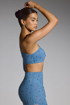 Chic Embellished One Shoulder Top in Smokey Blue