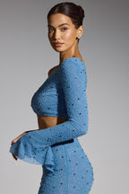 Chic Embellished One Shoulder Top in Smokey Blue