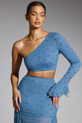 Chic Embellished One Shoulder Top in Smokey Blue