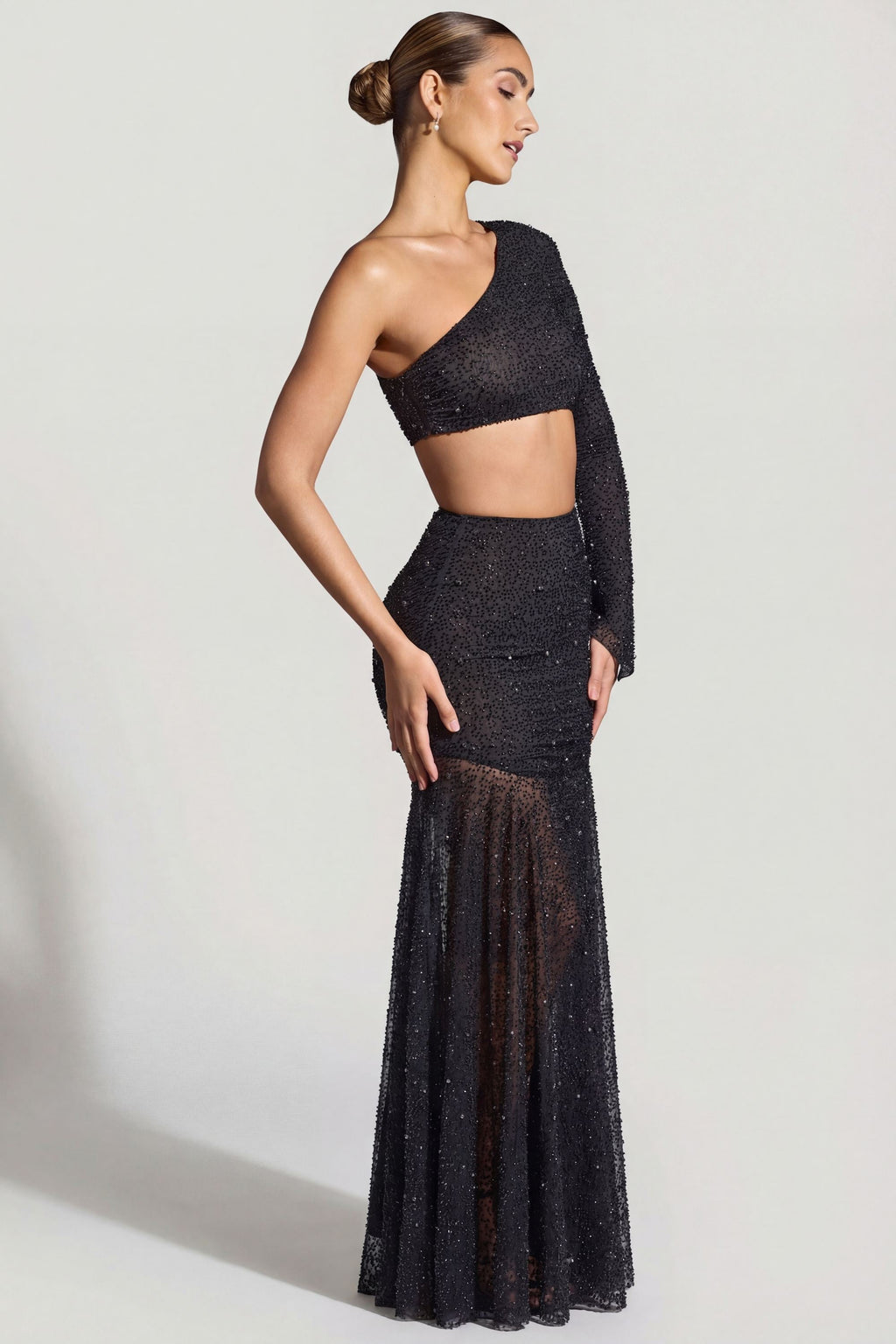 Chic Embellished Handkerchief Hem Skirt in Black