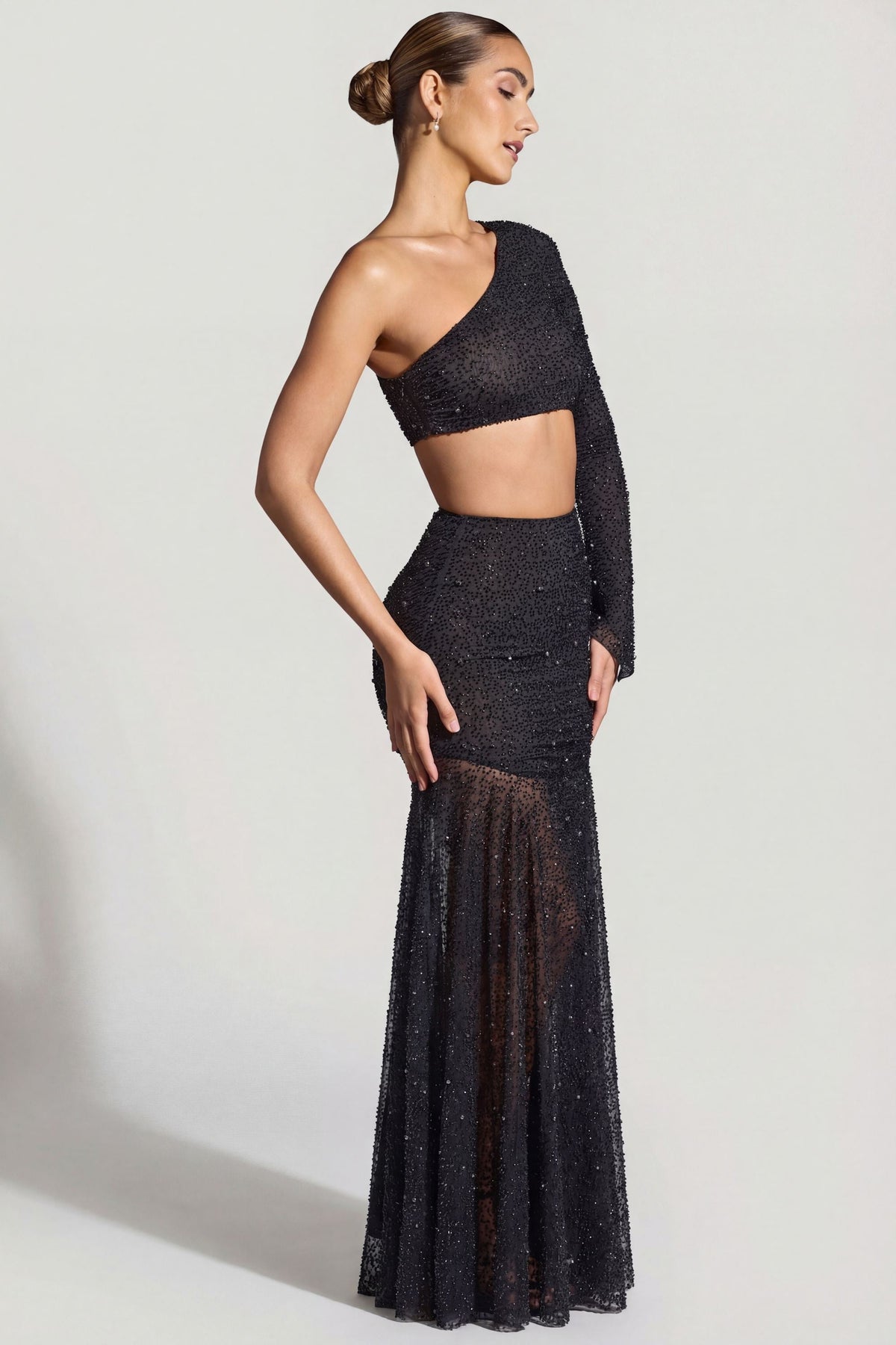 Chic Embellished Handkerchief Hem Skirt in Black