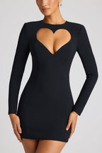 Chic Heart Cut Out Long Sleeve Mini Dress in Black