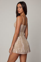 Chic Embellished V-neck Lace Mini Dress in Pale Peach