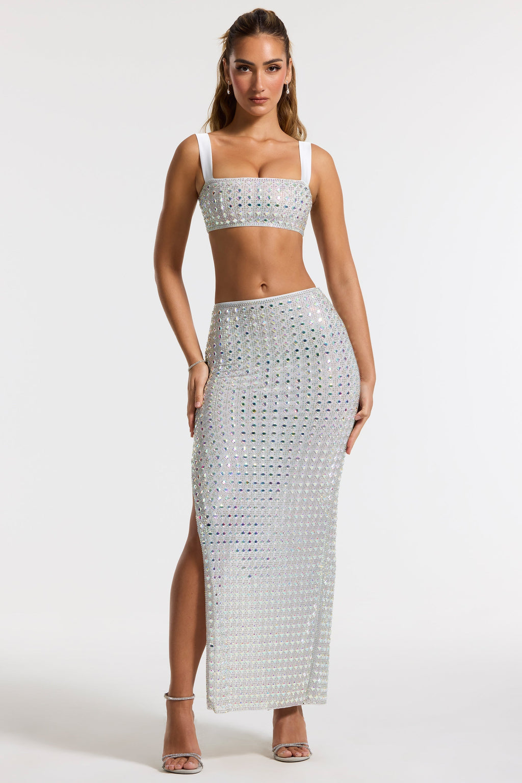 Chic Embellished Mid Rise Maxi Skirt in Silver