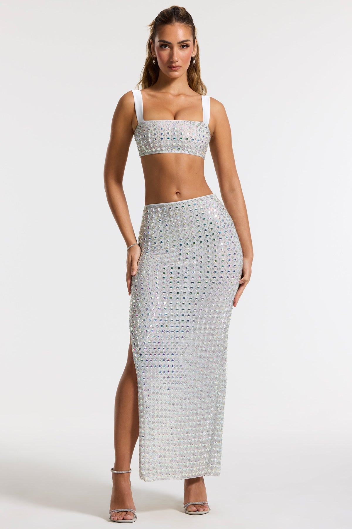 Chic Embellished Mid Rise Maxi Skirt in Silver