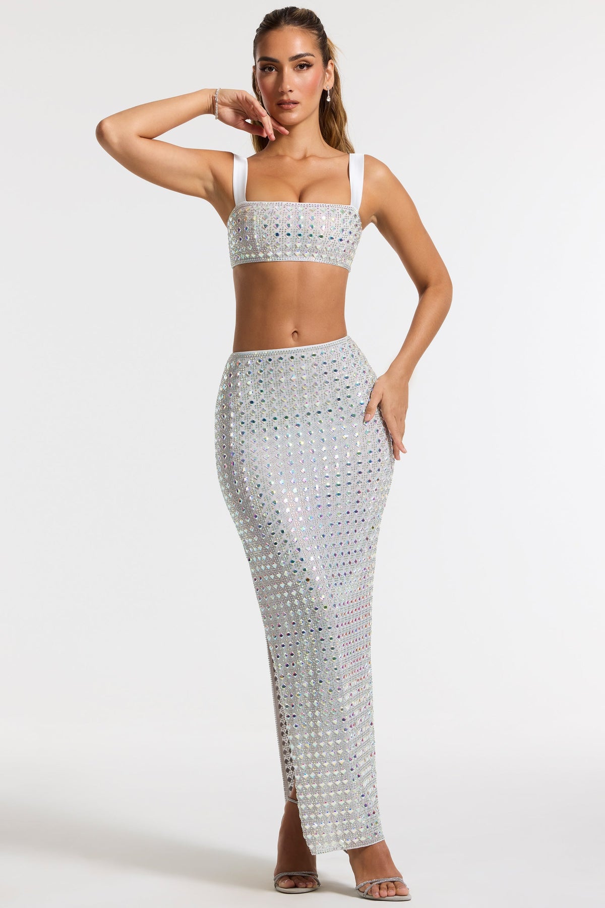 Chic Embellished Mid Rise Maxi Skirt in Silver