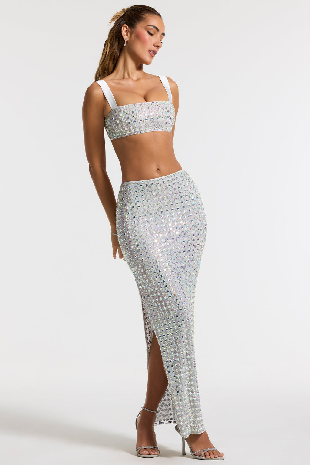 Chic Embellished Mid Rise Maxi Skirt in Silver