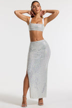 Chic Embellished Mid Rise Maxi Skirt in Silver