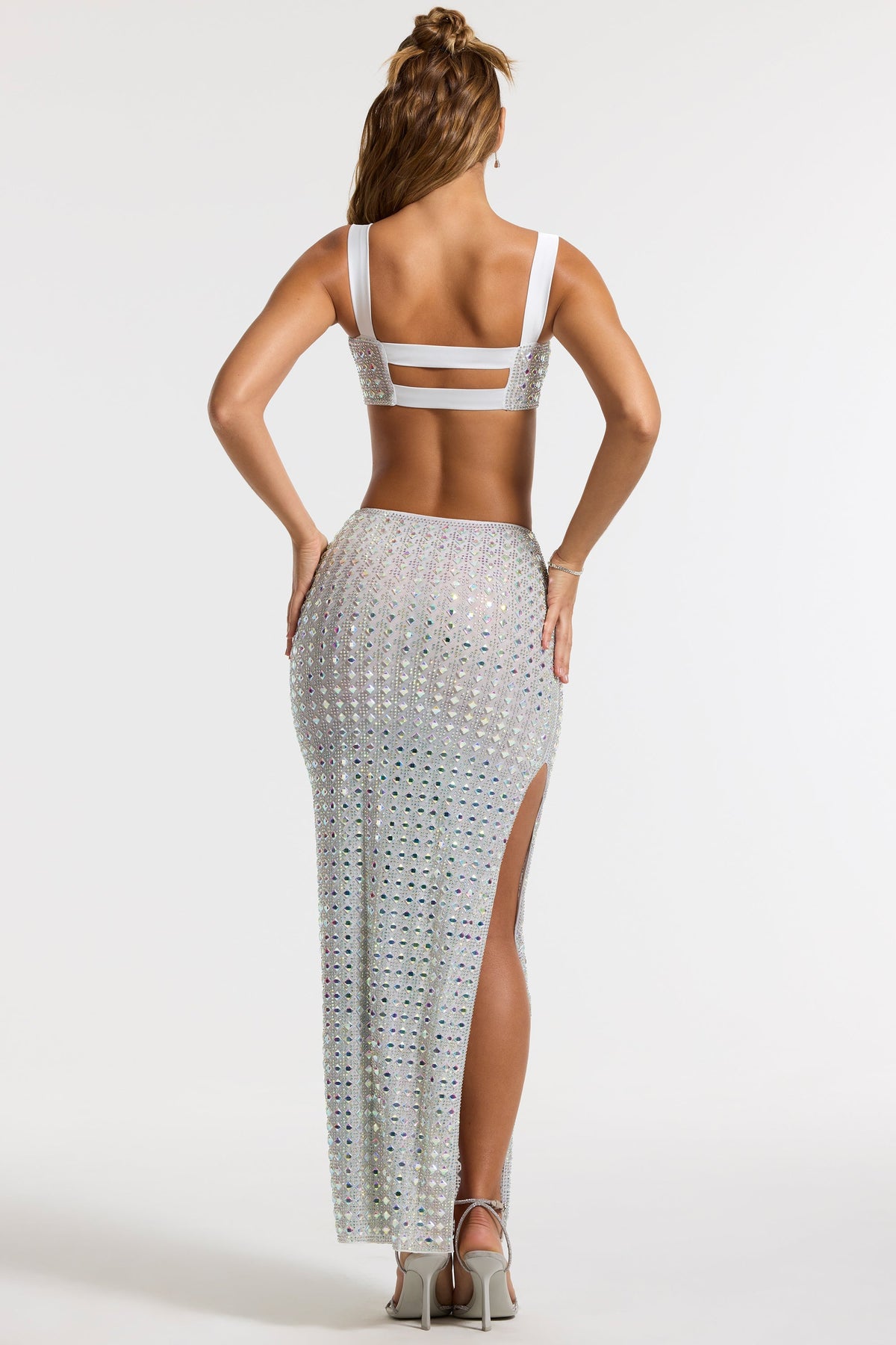 Chic Embellished Mid Rise Maxi Skirt in Silver