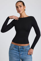 Chic Modal High Neck Long Sleeve Open Back Top in Black