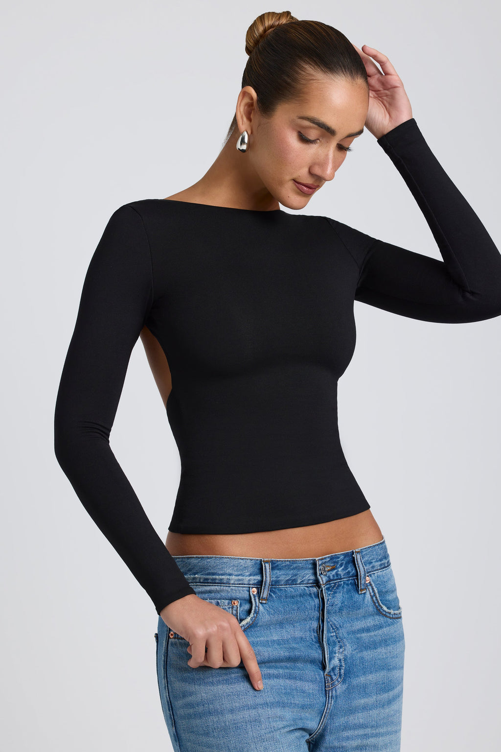 Chic Modal High Neck Long Sleeve Open Back Top in Black
