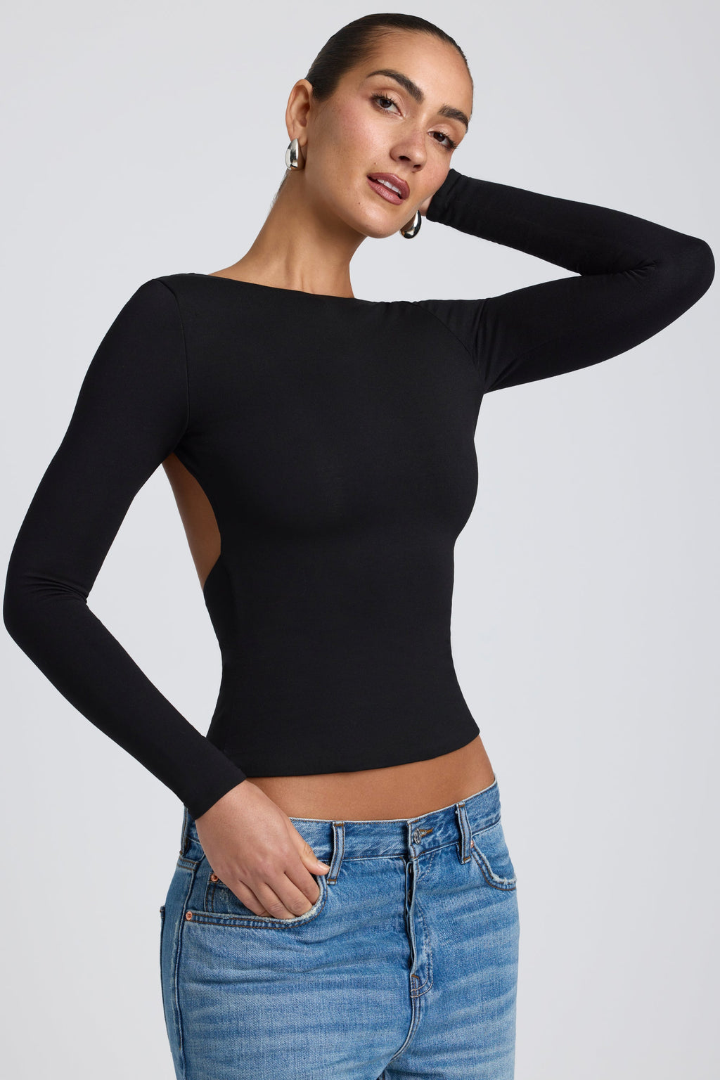 Chic Modal High Neck Long Sleeve Open Back Top in Black