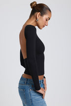 Chic Modal High Neck Long Sleeve Open Back Top in Black