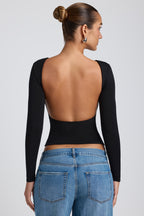 Chic Modal High Neck Long Sleeve Open Back Top in Black