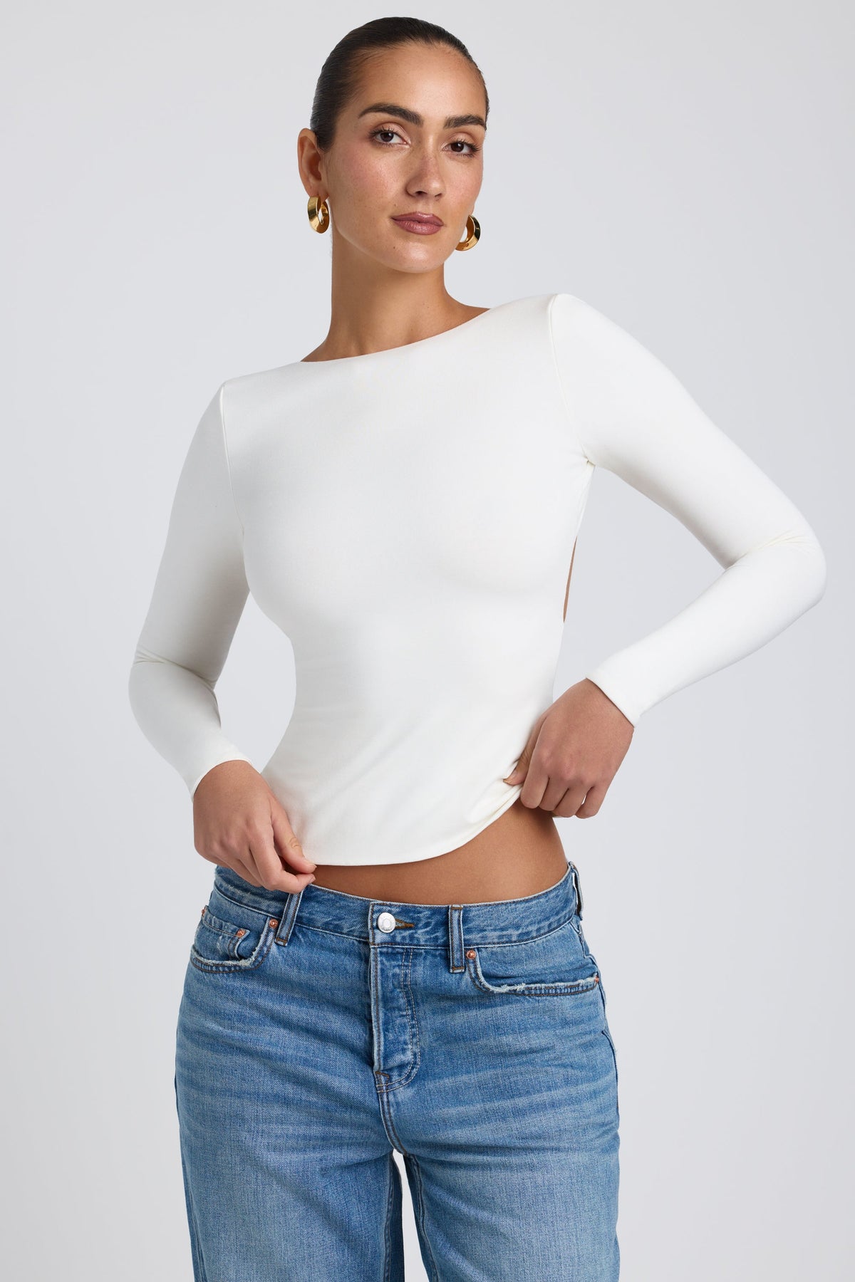 Chic Modal High Neck Long Sleeve Open Back Top in White