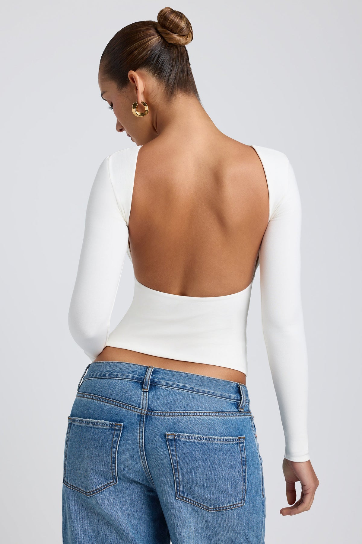 Chic Modal High Neck Long Sleeve Open Back Top in White