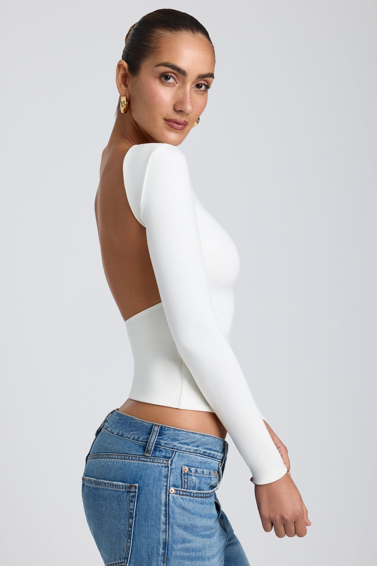 Chic Modal High Neck Long Sleeve Open Back Top in White