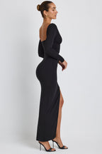 Chic Modal Plunge Neck Long Sleeve Maxi Dress in Black