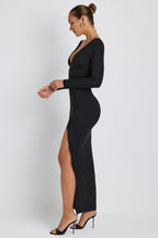 Chic Modal Plunge Neck Long Sleeve Maxi Dress in Black