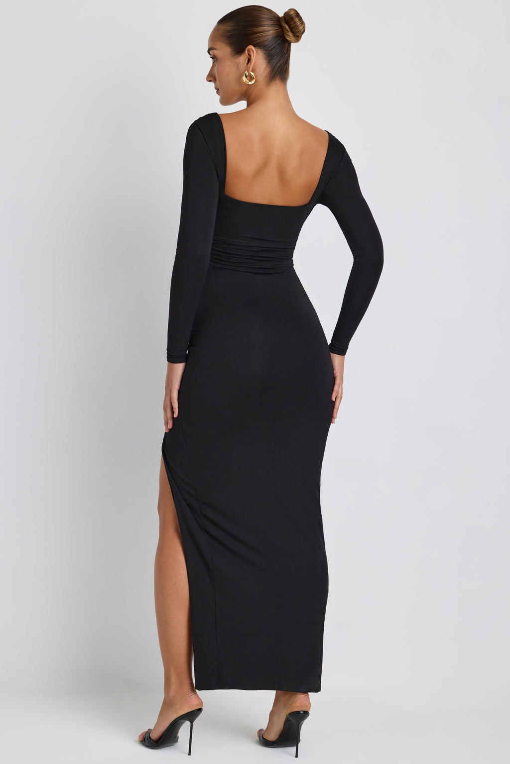 Chic Modal Plunge Neck Long Sleeve Maxi Dress in Black