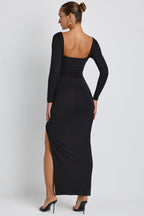 Chic Modal Plunge Neck Long Sleeve Maxi Dress in Black