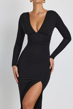 Chic Modal Plunge Neck Long Sleeve Maxi Dress in Black