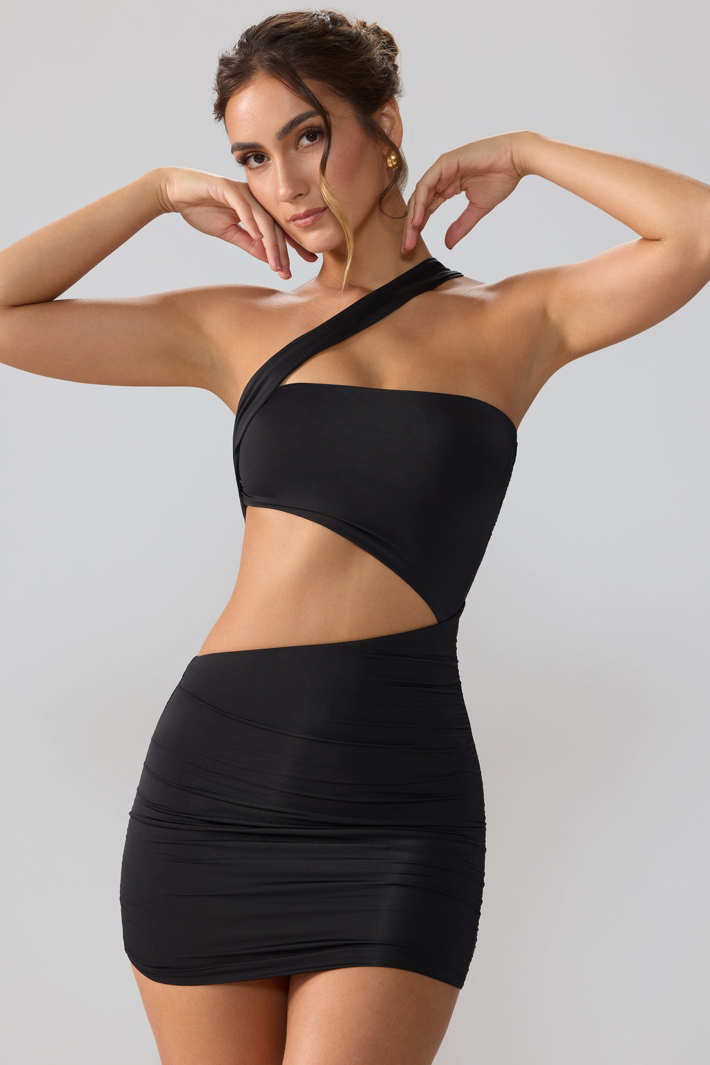 Chic Slinky Jersey Ruched Cut Out Mini Dress in Black