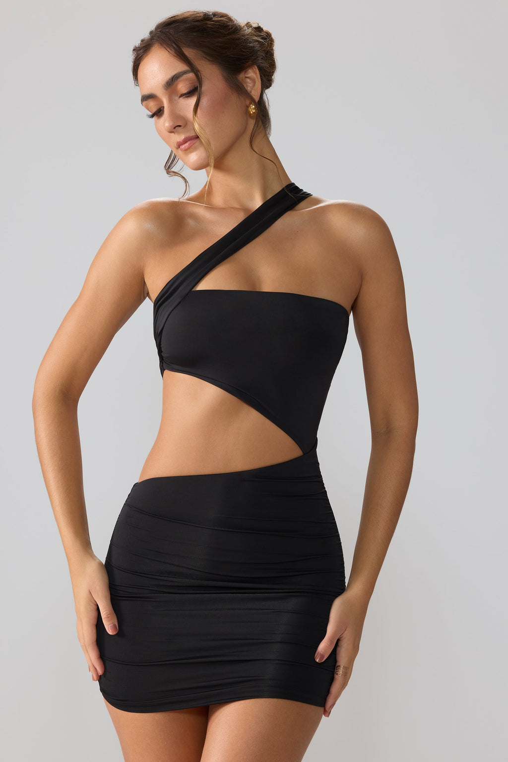 Chic Slinky Jersey Ruched Cut Out Mini Dress in Black
