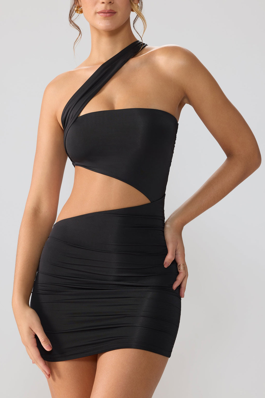 Chic Slinky Jersey Ruched Cut Out Mini Dress in Black