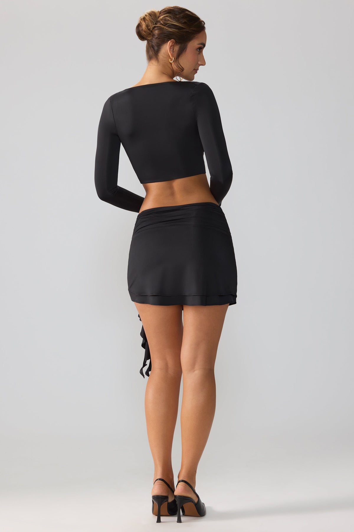Chic Slinky Jersey Mid Rise Ruffle Layer Mini Skirt in Black