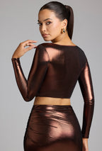 Chic Plunge Neck Metallic Jersey Crop Top in Copper Bronze
