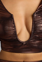 Chic Plunge Neck Metallic Jersey Crop Top in Copper Bronze