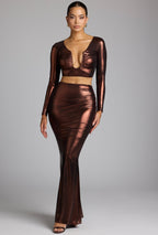 Chic Plunge Neck Metallic Jersey Crop Top in Copper Bronze
